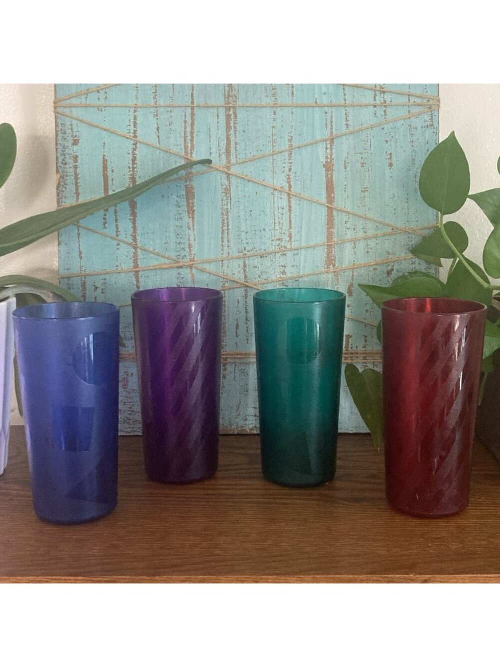 Tupperware Acrylic 4 Tumbler Cups Jewel Tone Jazzy Geometric 14oz.
